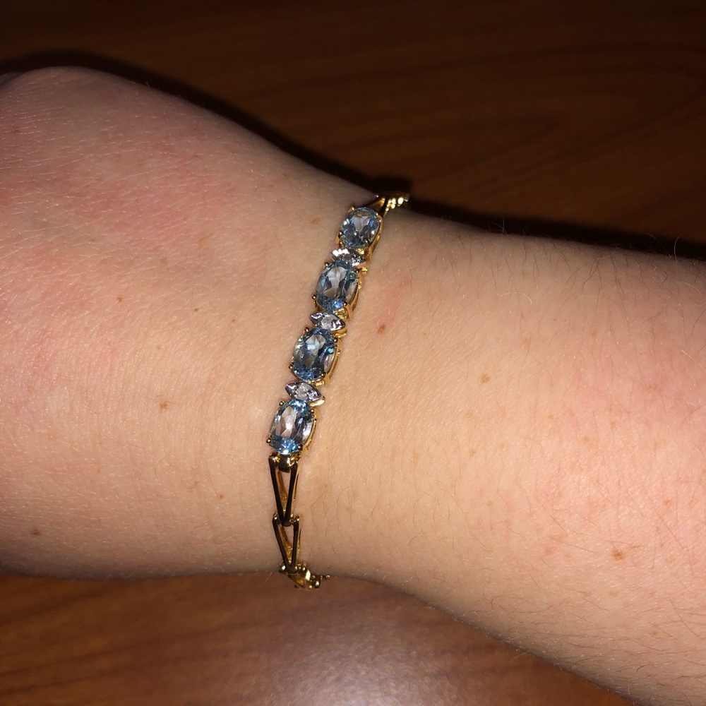 Plated 18KT Yellow Gold Blue Topaz and Diamond Bracelet
